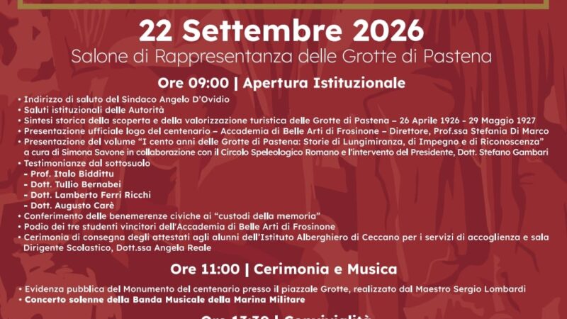 I cento anni delle Grotte di Pastena: evento il 22 settembre 2026